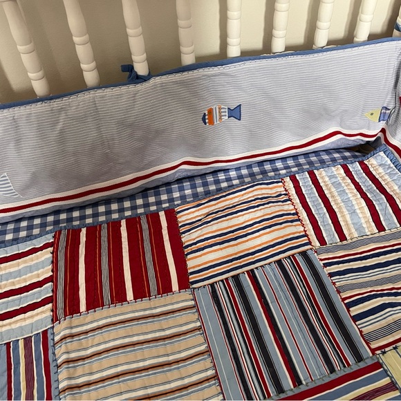 Pottery Barn Kids Baby nursery bedding blue Patchwork Fish Nautical quilt bump - Picture 3 of 7